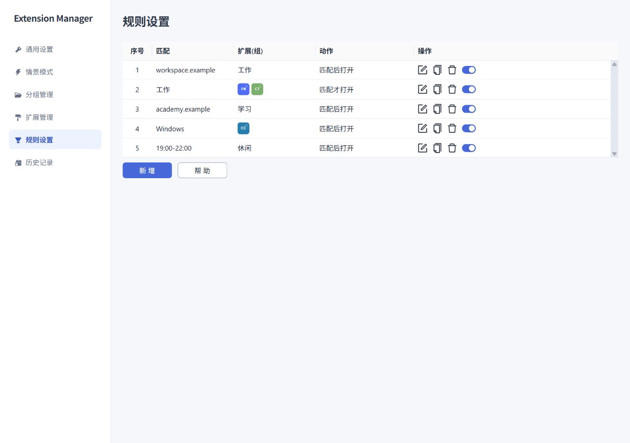 规则列表与编辑、复制、删除及启停操作