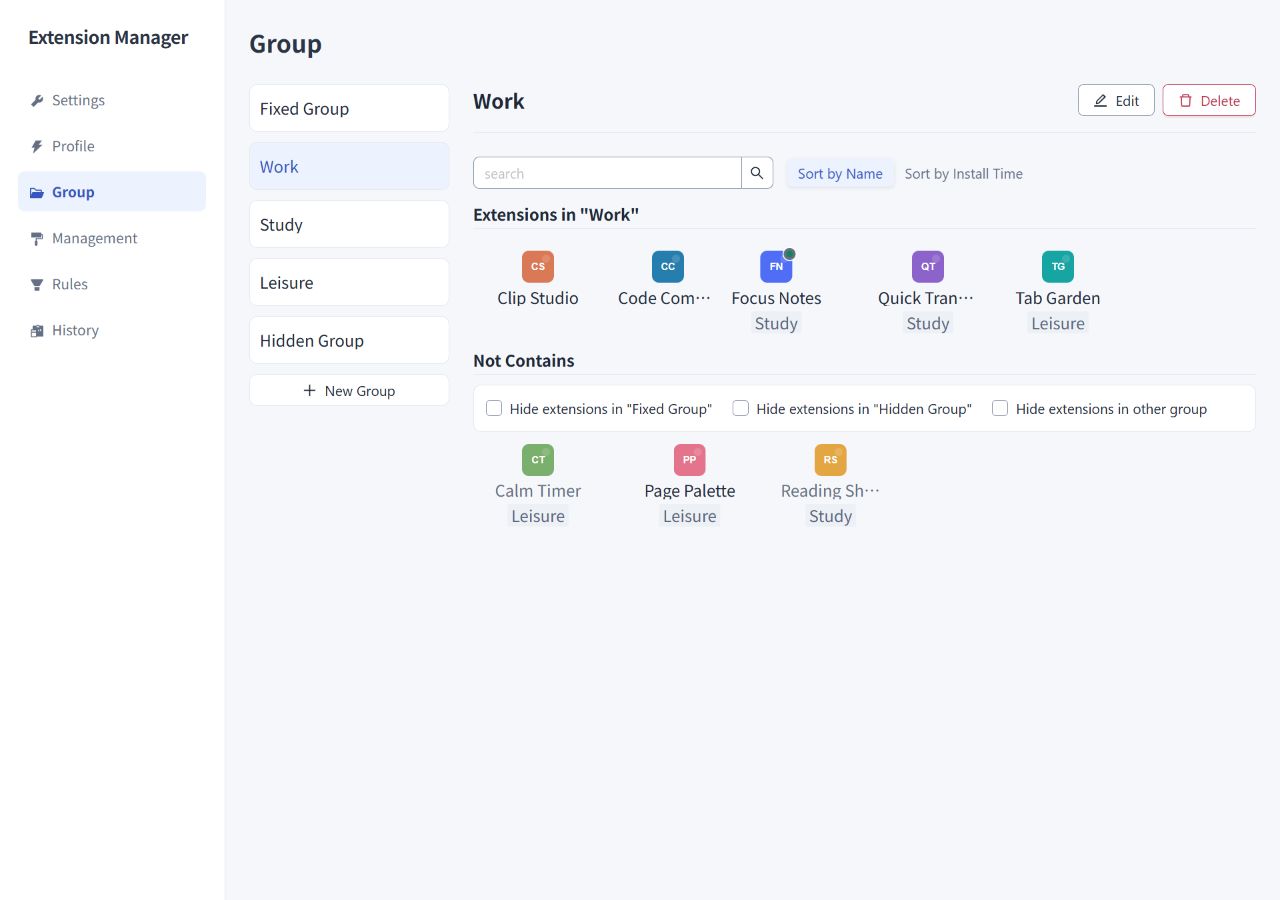 Group settings with extensions inside and outside the selected group
