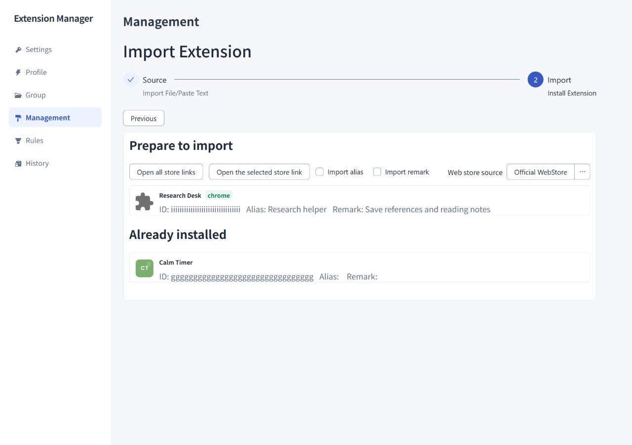 Import an extension list