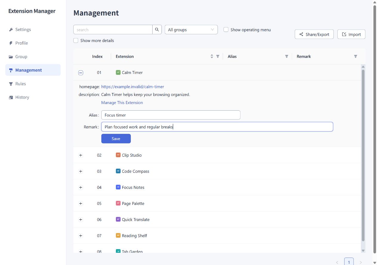 Extension management and alias editing