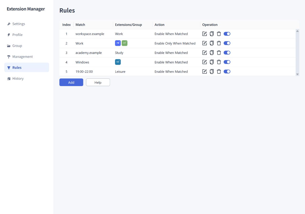 Rules list with edit, duplicate, delete, and enable controls