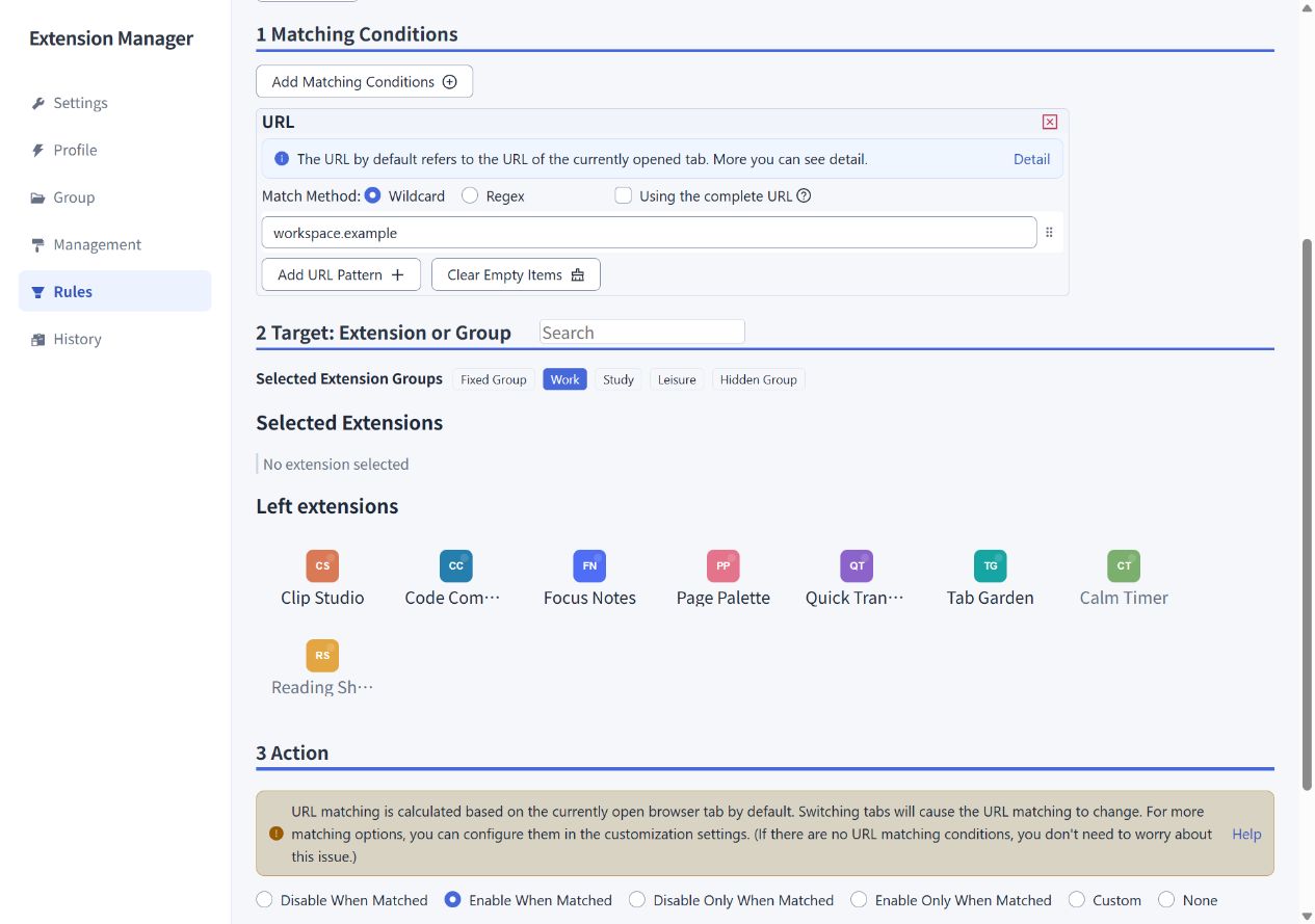 Rule editor showing matching conditions and extension targets
