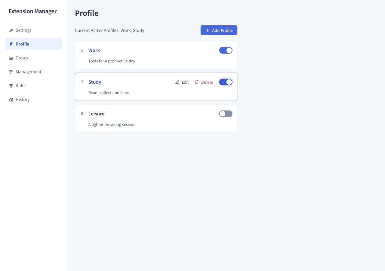 Profile settings with a separate activation switch for each Profile