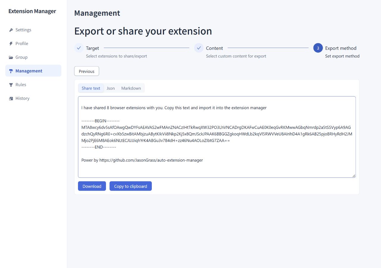 Share and export an extension list