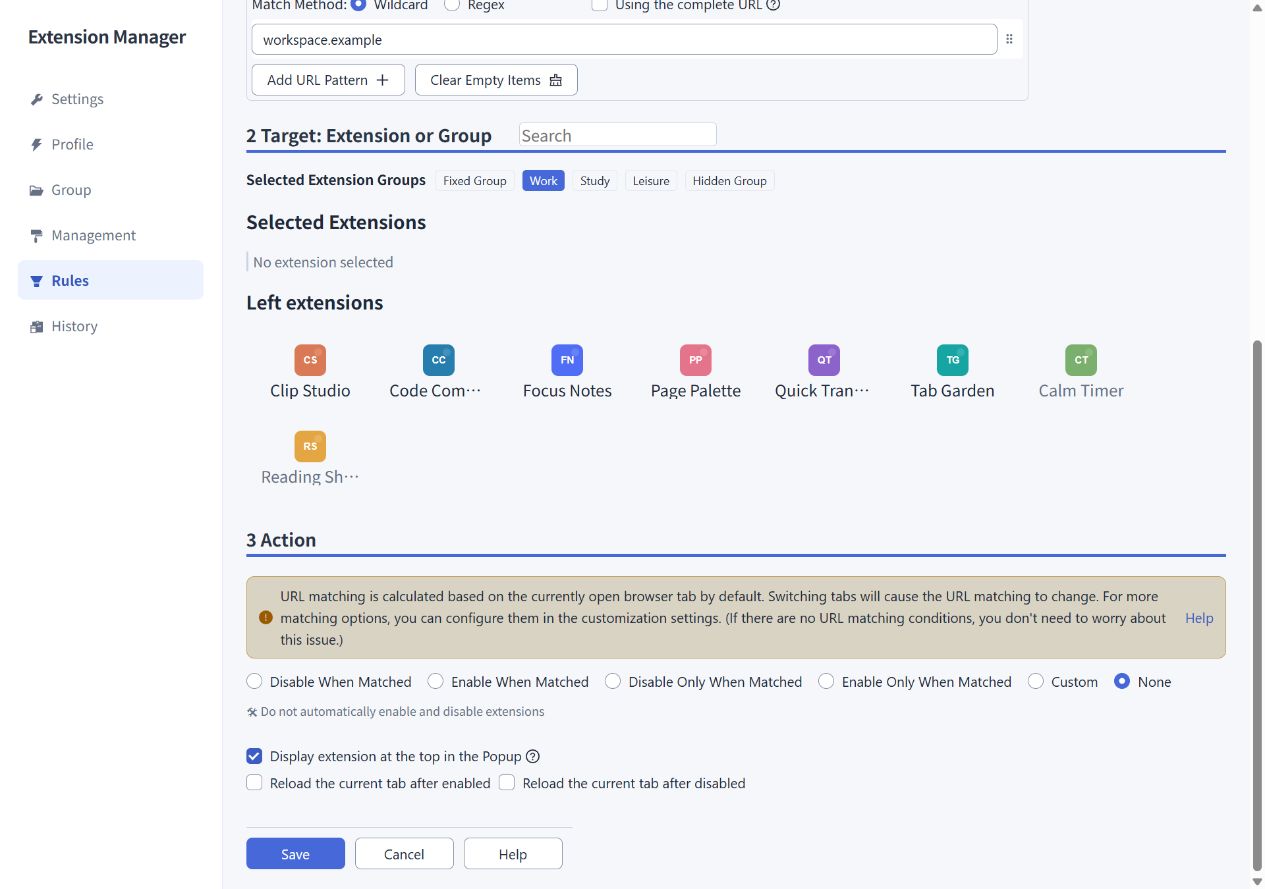 Rule action settings for top display